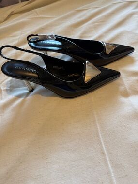 BERNESE Black Patent Slingback Pumps with Silver Triangle Accent